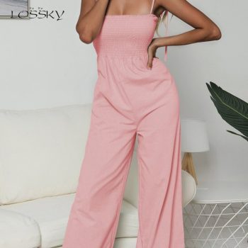 Lossky Long Rompers Womens Jumpsuit Pleated Wrap Loose Wide Leg Jumpsuits Backless Sleeveless Bow Straps Summer Pink Green Jumps