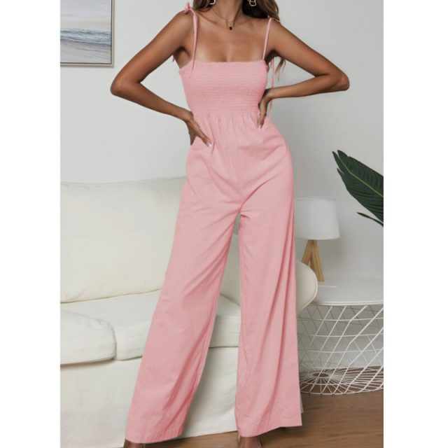 Lossky Long Rompers Womens Jumpsuit Pleated Wrap Loose Wide Leg Jumpsuits Backless Sleeveless Bow Straps Summer Pink Green Jumps