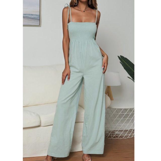Lossky Long Rompers Womens Jumpsuit Pleated Wrap Loose Wide Leg Jumpsuits Backless Sleeveless Bow Straps Summer Pink Green Jumps