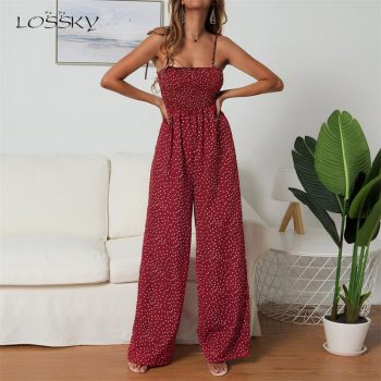 Lossky Rompers Womens Jumpsuit Polka-dot Print Bow-knot Straps Wide-leg Pants Jumpsuit Boho Chi Loose Long Red Summer Jumpsuits