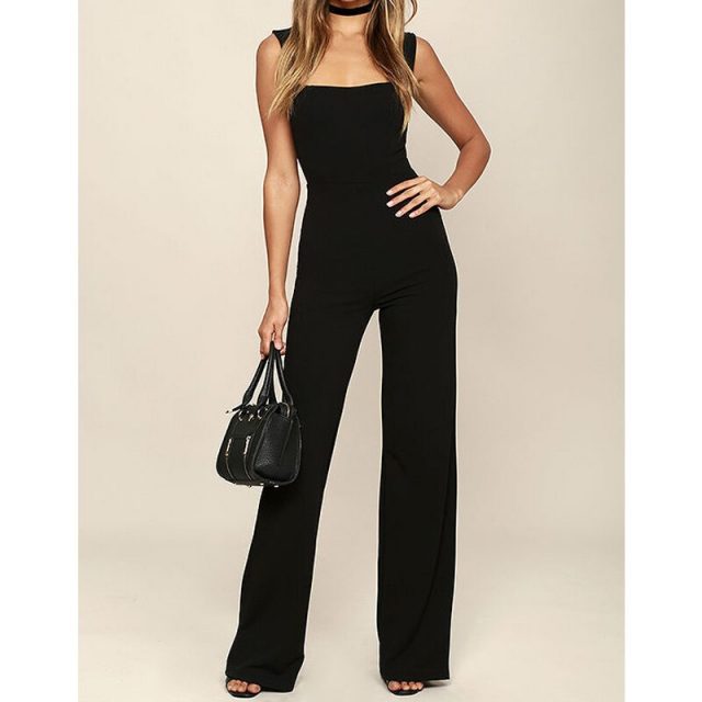 Lossky Summer Long Jumpsuits High Waist Women Square Collar Sleeveless Trousers Pants Romper Jumpsuit Offical Lady Slim Jumpsuit