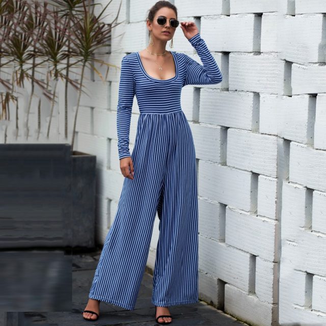 Lossky Women Rompers Jumpsuit Striped Print Sexy U-neck Long Sleeve Autumn Suits Female Loose Ladies Wide-leg Long Pant Clothing