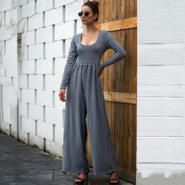 Lossky Women Rompers Jumpsuit Striped Print Sexy U-neck Long Sleeve Autumn Suits Female Loose Ladies Wide-leg Long Pant Clothing