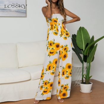Lossky Rompers Womens Jumpsuit Boho Chi Floral Printed Pleated Wrap Bow Straps Long Jumpsuits High Waist Wide-leg Pants Jumpsuit