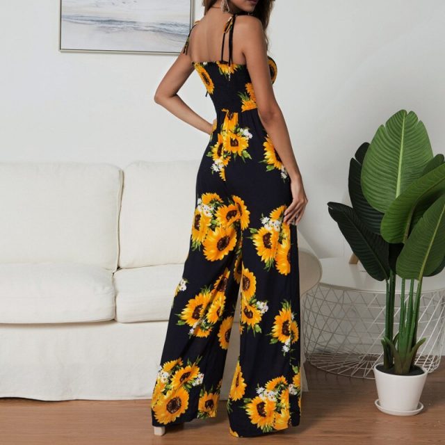 Lossky Rompers Womens Jumpsuit Boho Chi Floral Printed Pleated Wrap Bow Straps Long Jumpsuits High Waist Wide-leg Pants Jumpsuit