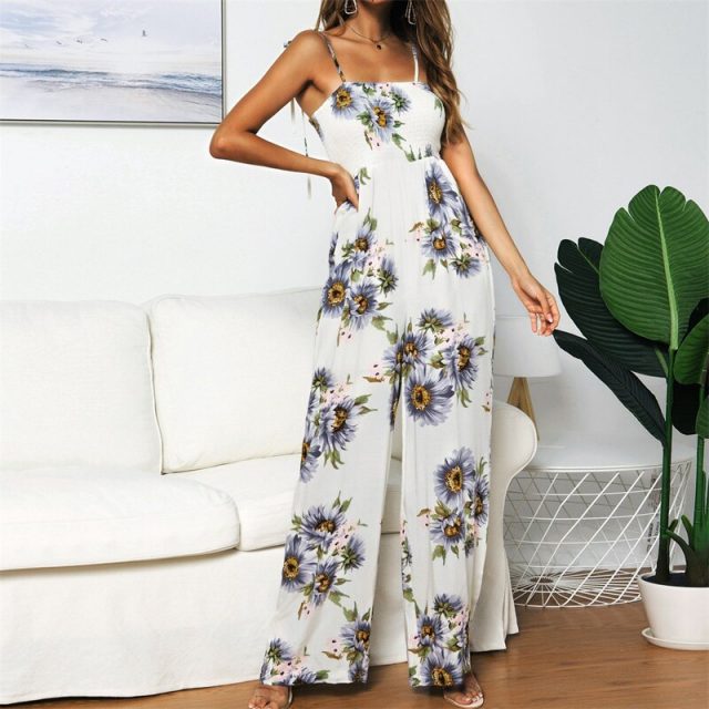 Lossky Rompers Womens Jumpsuit Boho Chi Floral Printed Pleated Wrap Bow Straps Long Jumpsuits High Waist Wide-leg Pants Jumpsuit