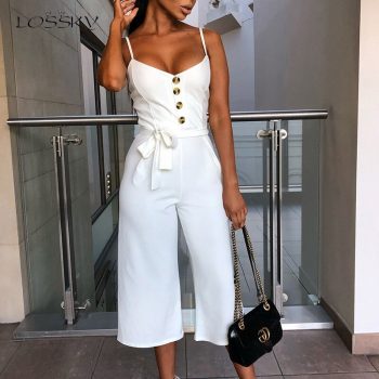 Lossky Summer Jumpsuit Women Sexy Halter Sleeveless Straps Long Jumpsuit Casual Lace Up Button Wide Leg Overall Jumpsuit Elegant