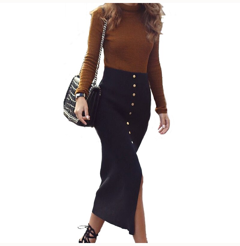 Lossky Skirts Sexy Slit Pencil Midi Skirts Plus Size Women Office Long Black Autumn Winter High Waist Warm Clothes Zipper 2019