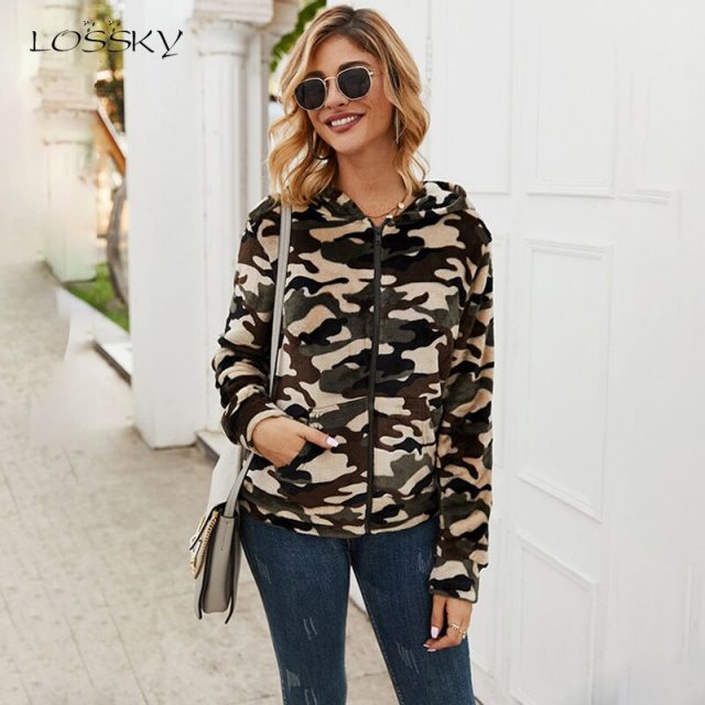 Lossky Hoodies Sweatshirts Tops Women Camouflage Autumn Winter Plush Warm Cardigan Long Sleeve Zip Up Hoody Jacket Clothes 2019