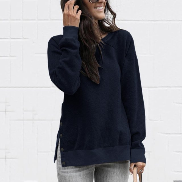 Lossky Sweatshirts Women Long Sleeve Autumn Pullover Tops Female New Side Slit With Buttons casual Ladies Simple Clothing 2019