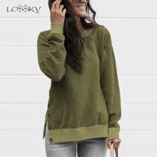 Lossky Sweatshirts Women Long Sleeve Autumn Pullover Tops Female New Side Slit With Buttons casual Ladies Simple Clothing 2019