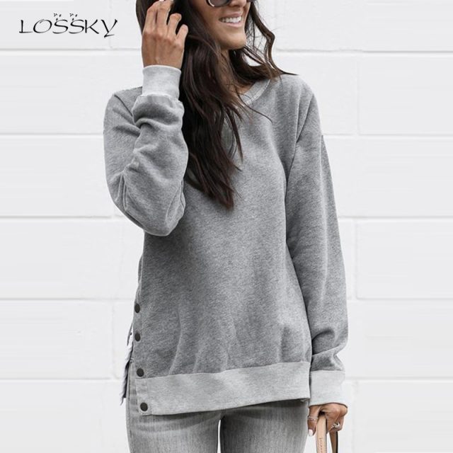 Lossky Sweatshirts Women Long Sleeve Autumn Pullover Tops Female New Side Slit With Buttons casual Ladies Simple Clothing 2019