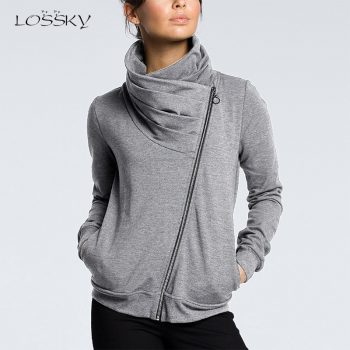 Lossky Women Oversized Sweatshirts Zipper Top Long Sleeve Autumn Winter Irregular Collar Female Outwear Ladies Japanese Clothing