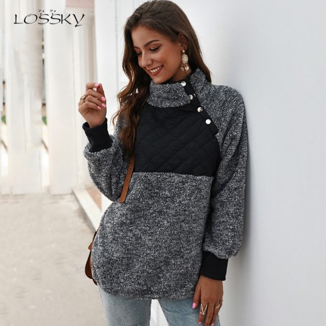 Lossky Sweatshirts Women Long Sleeve Patchwork Color Fahsion Autumn Winter Pullover Black Ladies Plush Warm Tops Clothing 2019