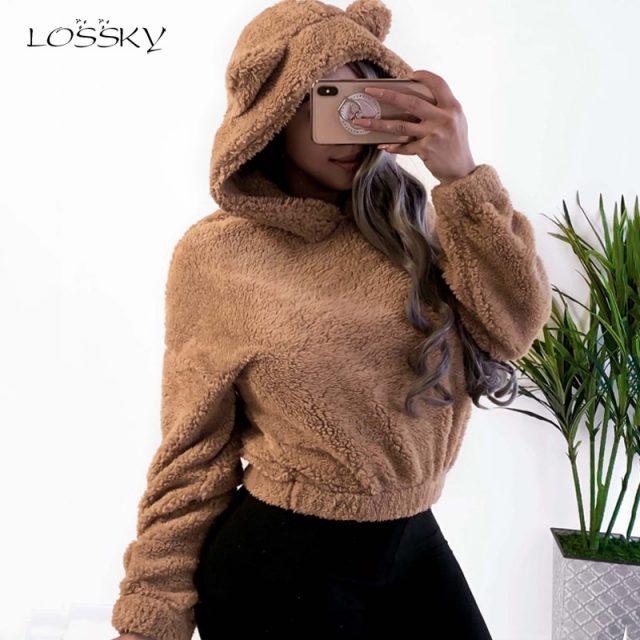 Lossky Hoodie Sweatshirt With Ears Crop Top Short Women Long Sleeve Pullovers New White Autumn Winter Plush Warm Ladies Clothing