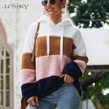 Lossky Women Hoodies Sweatshirt Striped Patchwork Ladies Long Sleeve Pullover Plush Top Autumn Winter Female  Warm Clothing 2019