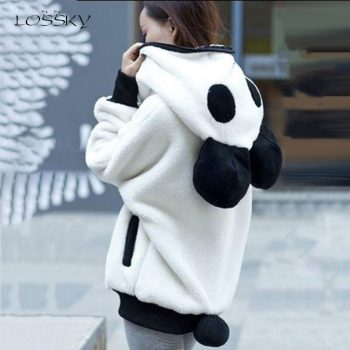 Lossky Women Jacket Warm Black And White Panda Hooded Coat Zipper Lady Teddy Bear Autumn Winter Korean Plush Outerwear With Ears