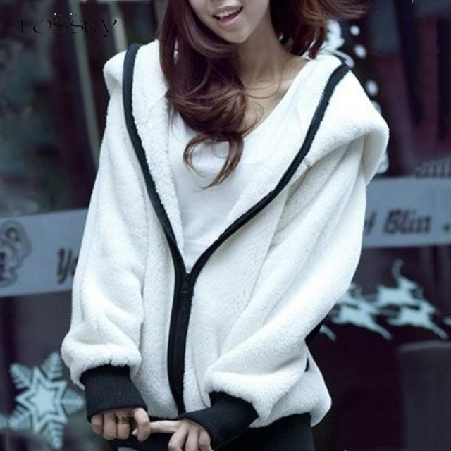 Lossky Women Jacket Warm Black And White Panda Hooded Coat Zipper Lady Teddy Bear Autumn Winter Korean Plush Outerwear With Ears