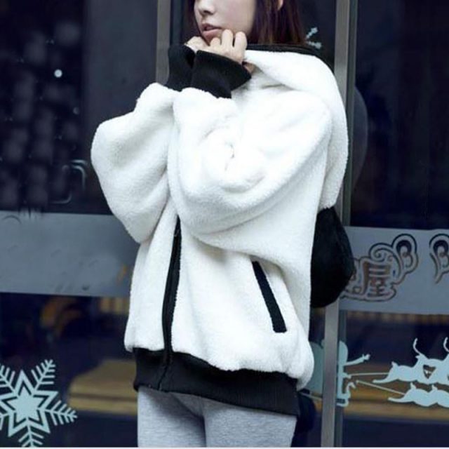 Lossky Women Jacket Warm Black And White Panda Hooded Coat Zipper Lady Teddy Bear Autumn Winter Korean Plush Outerwear With Ears