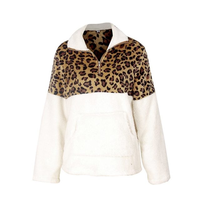 Lossky Winter Sweatshirt Leopard Patchwork Women Long Sleeve Pockets Ladies Plush Tops Zipper Pullover Warm Clothing Female 2019