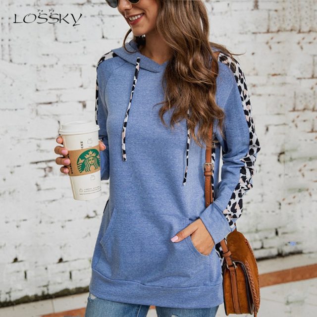 Lossky Women Hoodies Long Sleeve Pullover Hoody 2019 Autumn Ladies Vintage Leopard Sweatshirts Pocket Femme Fall Tops Clothes