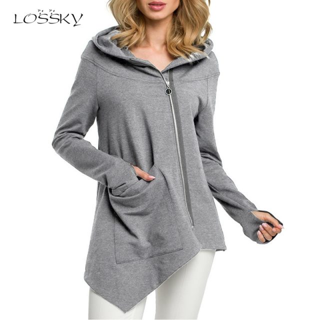 Lossky Hoodie Sweatshirts Women Autumn Winter Long Sleeve Irregular Outwear Oversized Female Zipper Top Ladies Japanese Clothing