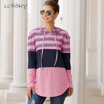 Lossky Women Hoodies Tops Autumn Patchwork Print Pullover Ladies Long Sleeve Hoody Casual Fall Pink Clothes Sweatshirts Lace-up