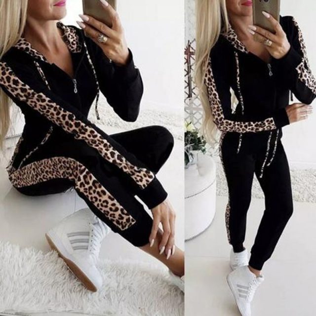 Lossky Women Two Piece Set Sexy Leopard Patchwork Long Sleeve 2019 Autumn Winter Casual Trousers Suit Warm Fall Leisure Outfit