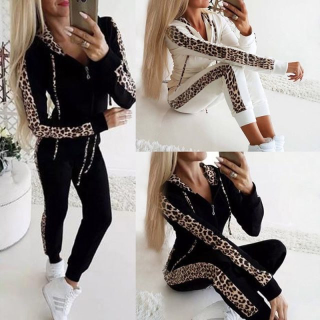 Lossky Women Two Piece Set Sexy Leopard Patchwork Long Sleeve 2019 Autumn Winter Casual Trousers Suit Warm Fall Leisure Outfit