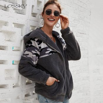 Lossky Hoodies Women Tops Stitching Long Sleeve Hoody Zipper Sweatshirts Ladies Fall Winter Warm Pastel Clothes Jacket Coat 2019