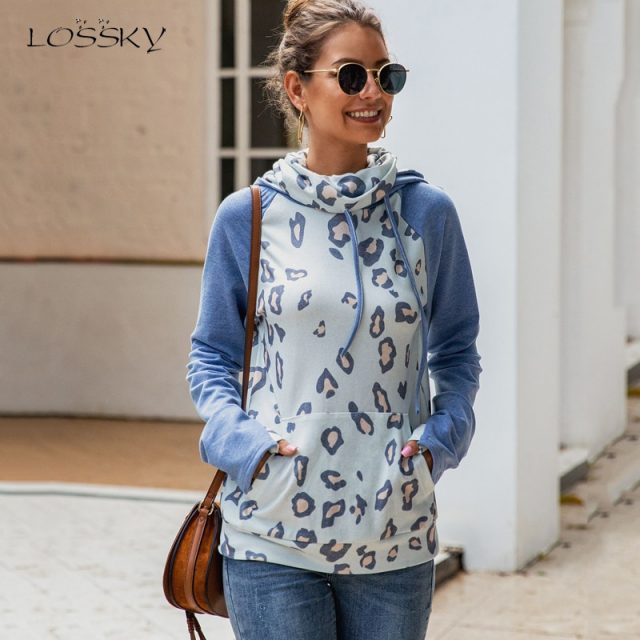 Lossky Sweatshirt Hoodies Tops Women Autumn Winter Leopard Printed Slim Fit Clothes Pockets Ladies Fall Thick Warm Pullover 2019
