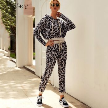 Lossky Women Hooded Top Sets Leopard Printed Long Sleeve Two-piece Outfit 2019 Autumn Ladies Trousers Pullovers Clothing Leisure