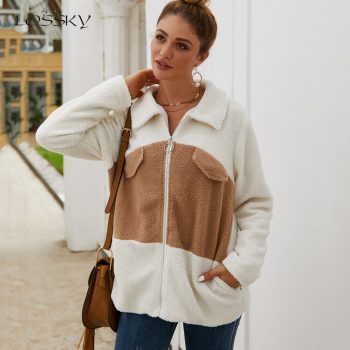 Lossky Jacket With Ears Women Plus Size Patchwork Clothing Loose Coats Flannel Teddy Plush Autumn Winter Ladies Outerwear 2019