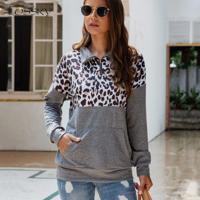 Lossky Pullover Hoodies Women Long Sleeve Hoody Zipper 2019 Autumn Winter Ladies Leopard Top Pockets Vintage Sweatshirt Clothing