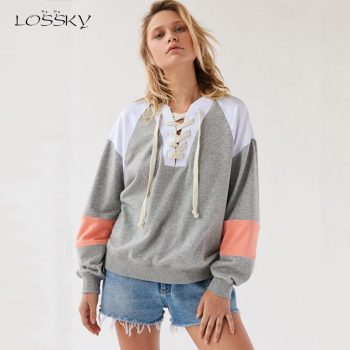 Lossky Sweatshirt Women Long Sleeve Tunic Fashion Patchwork Tops Cross Lace Up Drawstring Autumn Winter Ladies Pullover Clothing