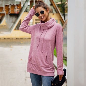 Lossky Sweatshirt Top Women Fall Turtlenck Long Sleeve Pullover Tether Pocket Pink Autumn Solid Color Leisure Clothes Femme 2019