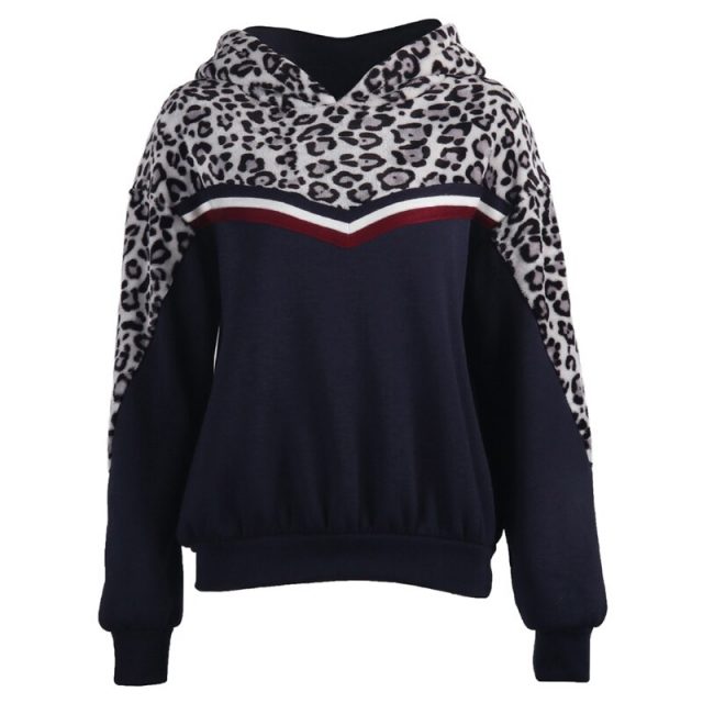 Lossky Black Hoodie Sweatshirts Top Women Long Sleeve Loose Warm Autumn Winter Pullovers 2019 Leopard Patchwork Ladies Clothing