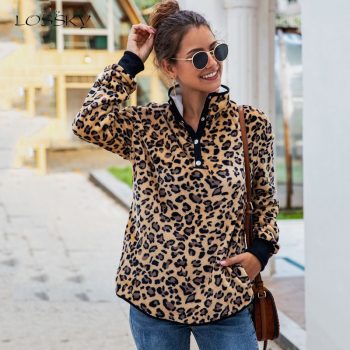 Lossky Sweatshirts Women Autumn Leopard Print Pullovers Pockets Ladies Warm Tops Long Sleeve Fall Winter Vintage Pastel Clothes