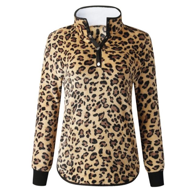 Lossky Sweatshirts Women Autumn Leopard Print Pullovers Pockets Ladies Warm Tops Long Sleeve Fall Winter Vintage Pastel Clothes
