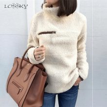 Lossky Women Sweatshirts Autumn Winter Top Long Sleeve Plush Warm Pullover Tunic Female Pink Ladies Clothing Zipper Streetwear