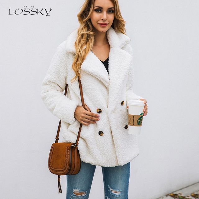 Lossky Women Long Sleeve Autumn Winter Thick Warm Jacket Coats Plus Size Loose Button Pocket Pink Lady Plush Flannel Overcoat