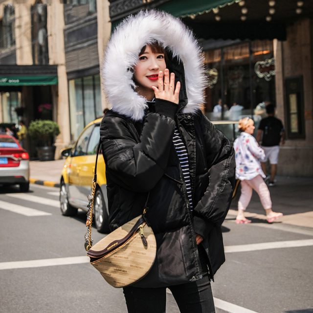 Lossky New Design Korean Style Winter Loose Parkas Women Cotton Thick Outwear Female Regular Coats Hooded Faux Fur Collar Parka