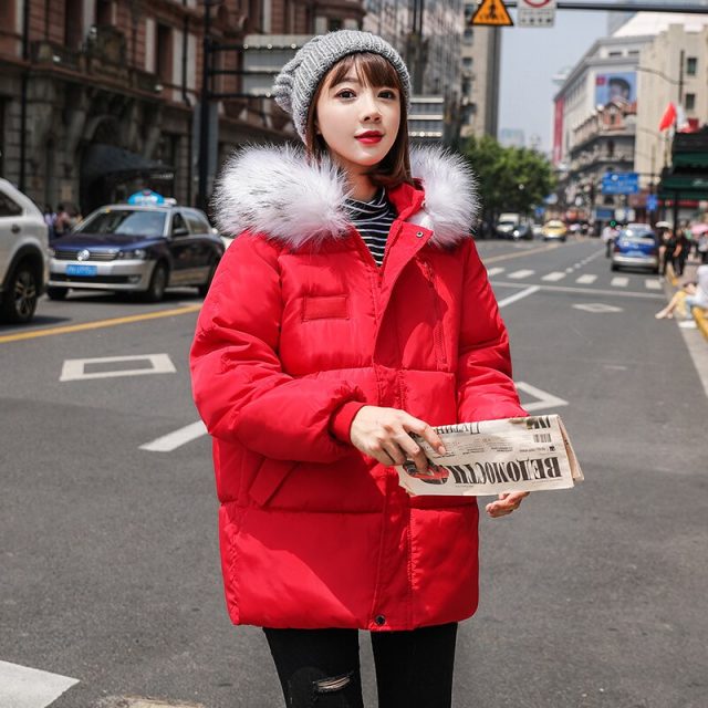 Lossky New Design Korean Style Winter Loose Parkas Women Cotton Thick Outwear Female Regular Coats Hooded Faux Fur Collar Parka