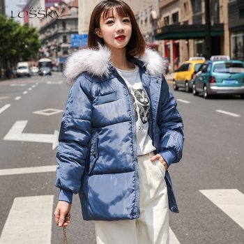 Lossky New Design Korean Style Winter Loose Parkas Women Cotton Thick Outwear Female Regular Coats Hooded Faux Fur Collar Parka