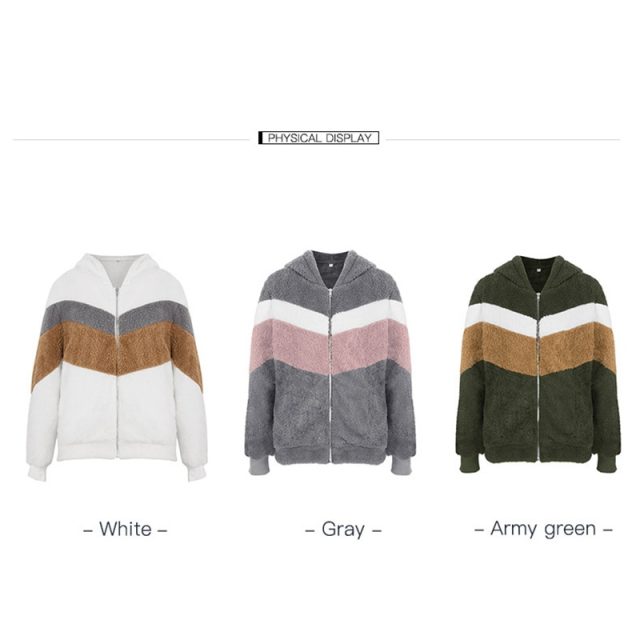 Lossky Hoodie Sweatshirt Top Women Striped Patchwork Jacket Long Sleeve Plush Outwear Female Autumn Winter Ladies Warm Clothing