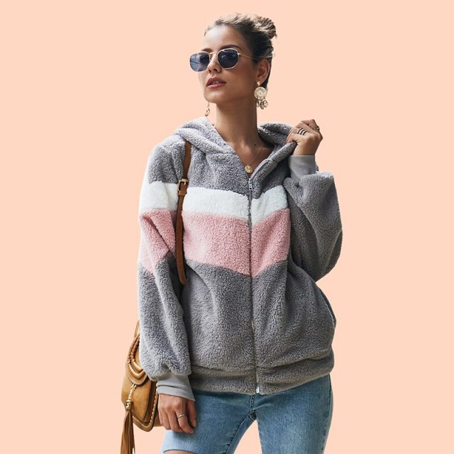 Lossky Hoodie Sweatshirt Top Women Striped Patchwork Jacket Long Sleeve Plush Outwear Female Autumn Winter Ladies Warm Clothing