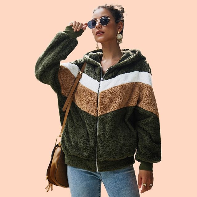 Lossky Hoodie Sweatshirt Top Women Striped Patchwork Jacket Long Sleeve Plush Outwear Female Autumn Winter Ladies Warm Clothing