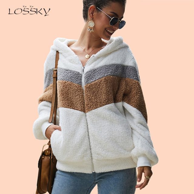 Lossky Hoodie Sweatshirt Top Women Striped Patchwork Jacket Long Sleeve Plush Outwear Female Autumn Winter Ladies Warm Clothing