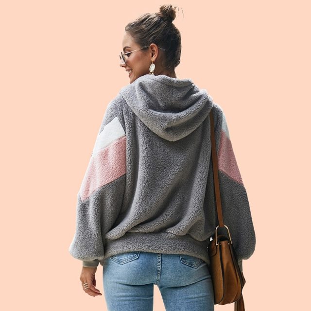 Lossky Hoodie Sweatshirt Top Women Striped Patchwork Jacket Long Sleeve Plush Outwear Female Autumn Winter Ladies Warm Clothing