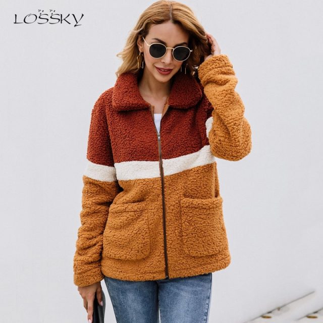 Lossky Women Autumn Winter Plush Jacket Coats Long Sleeve Flannel Warm Outwear Female New Patchwork Streetwear Ladies Clothing